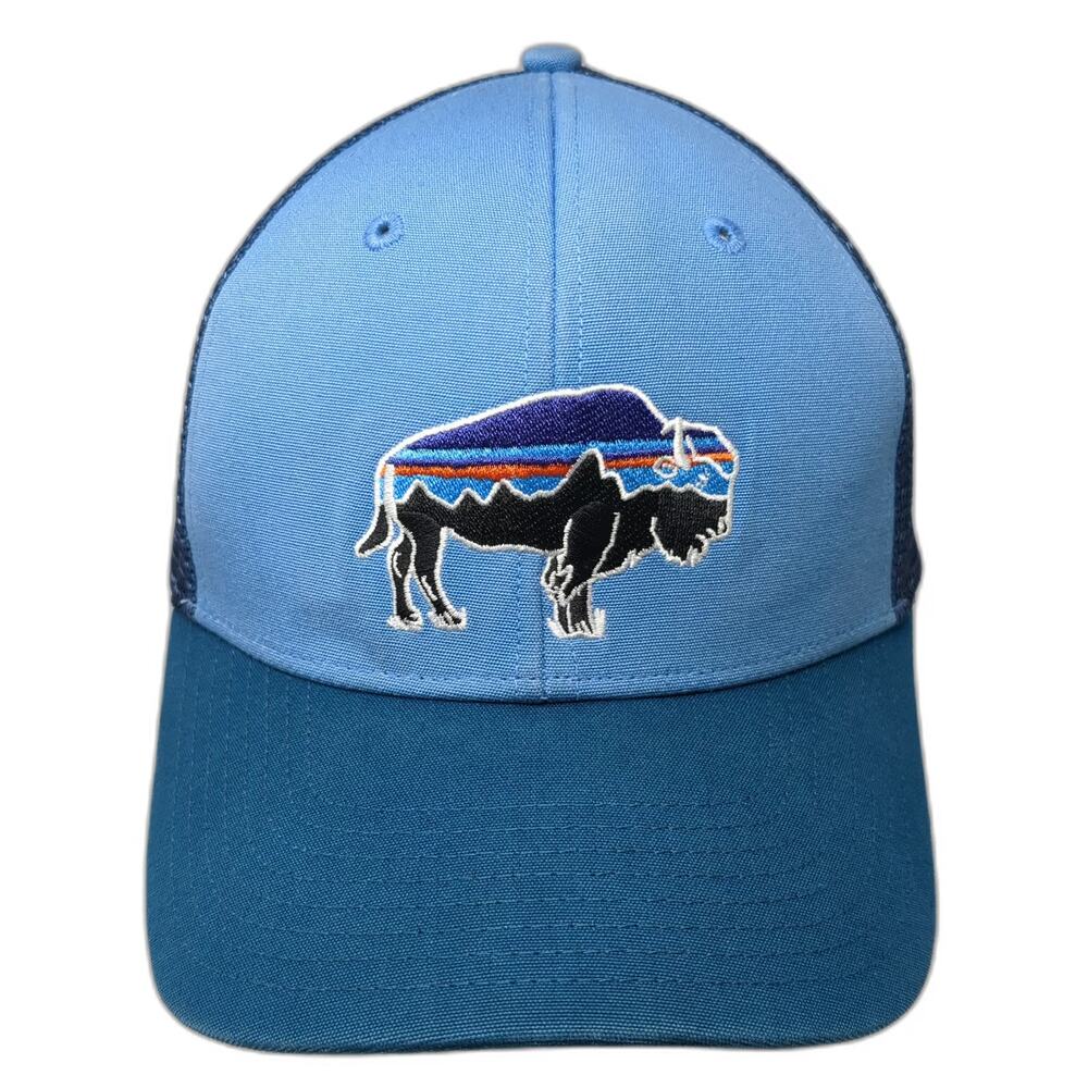 Patagonia Trucker Hat Blue One Size Mesh Back Snapback Organic Cotton Bison Logo
